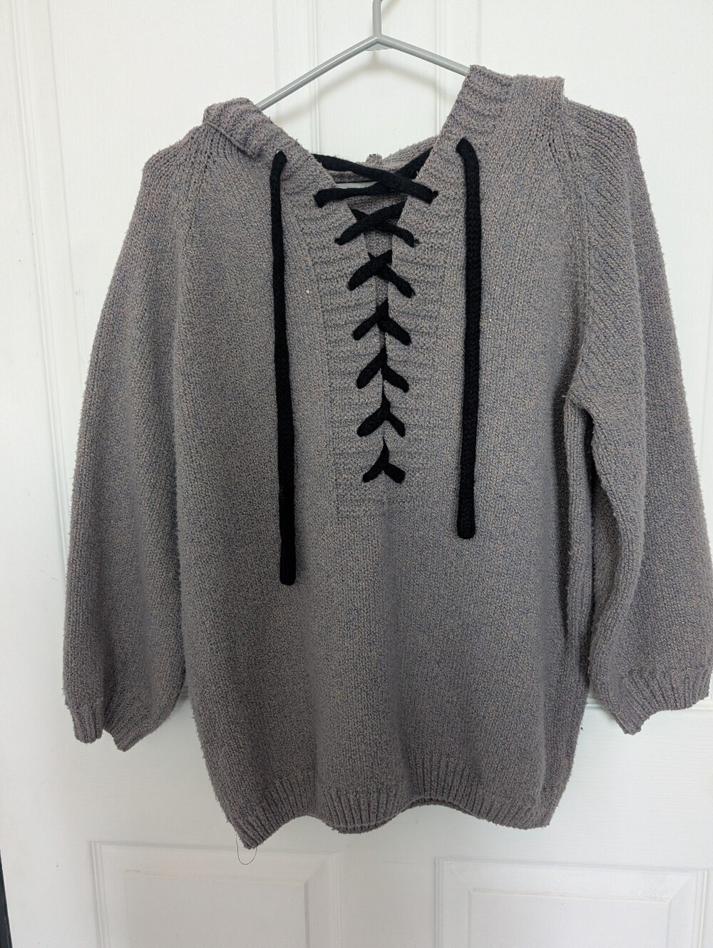 Grey Lace-Up Knit Hoodie Sweater